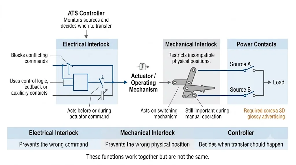Mechanical versus electrical interlock in an automatic transfer switch control and switching system