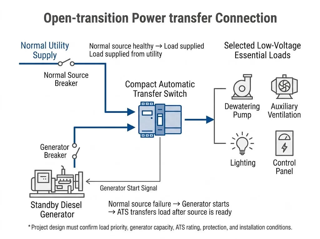 Mining backup power diagram with utility supply generator compact ATS and selected low-voltage loads