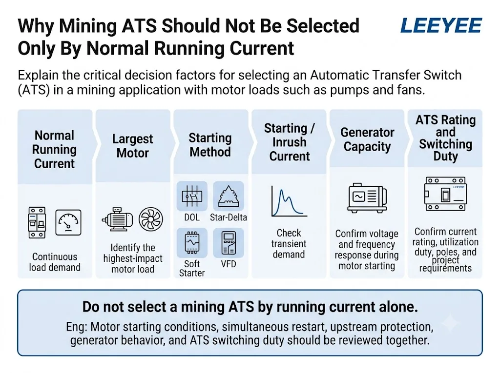 ATS selection flow for mining motor loads including starting current generator capacity and switching duty