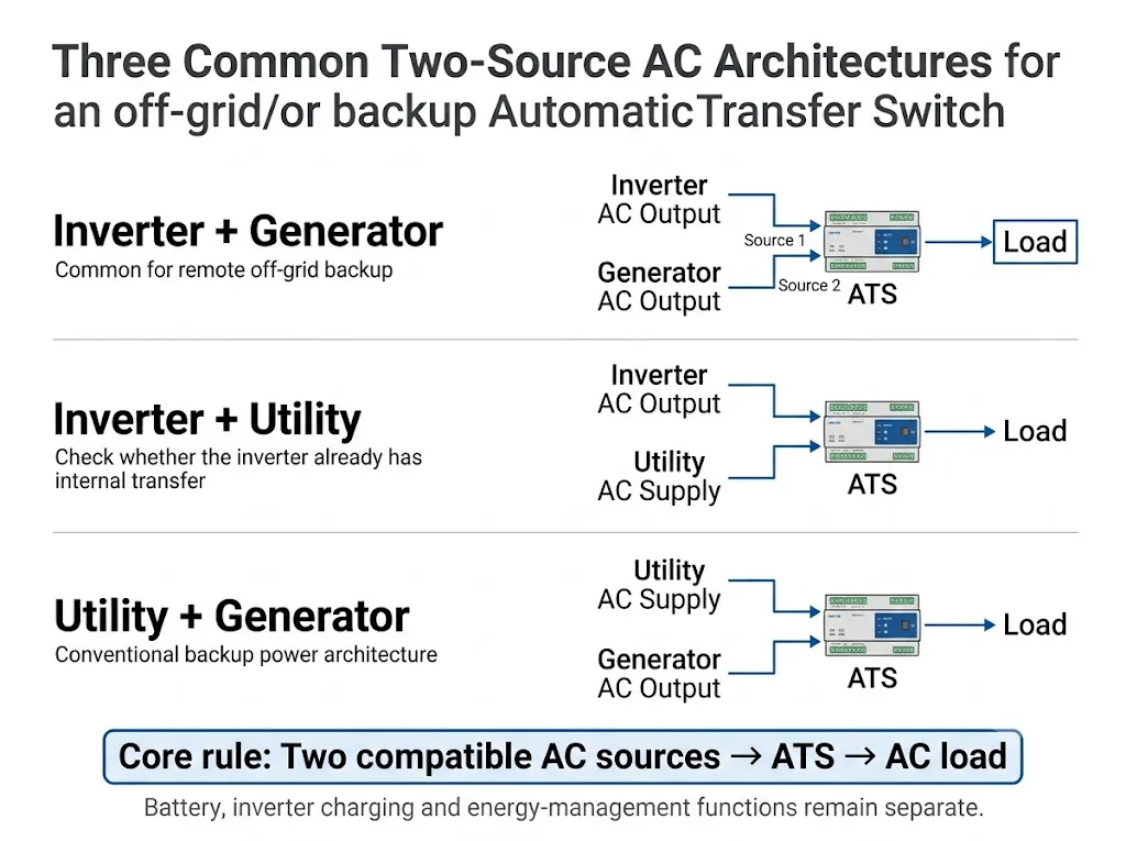 Three common off-grid ATS source combinations for inverter generator and utility power