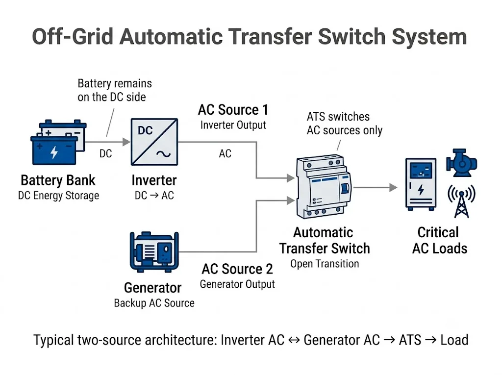 Off-grid automatic transfer switch system diagram with battery inverter generator and AC load