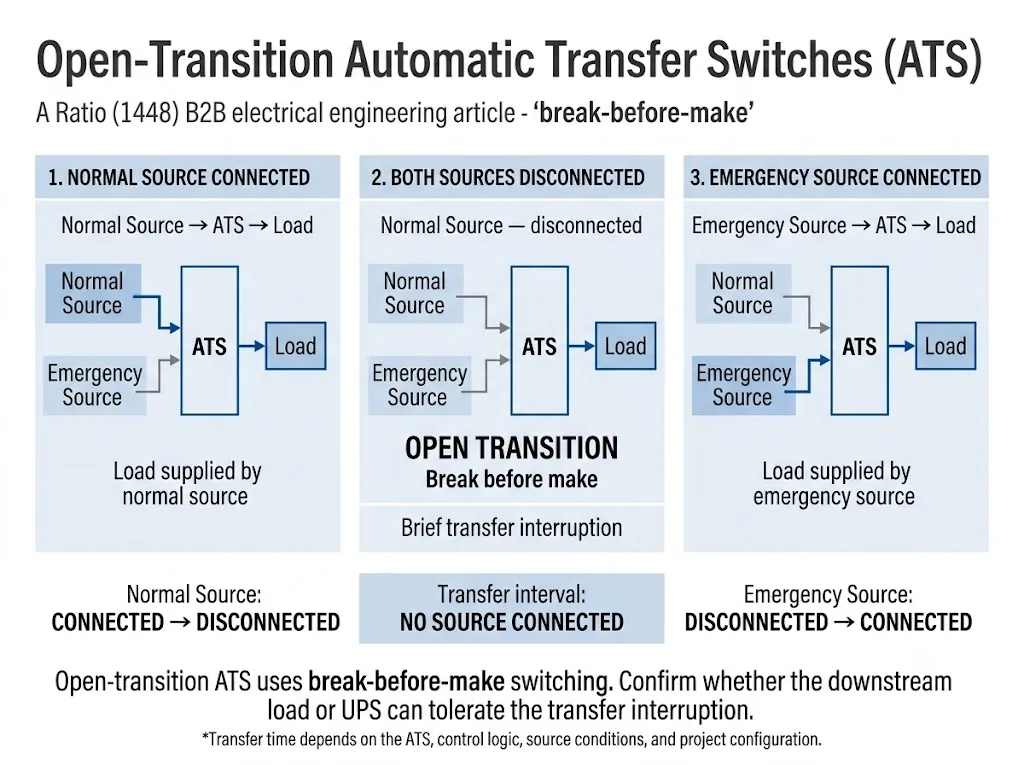 Open transition ATS break-before-make sequence from normal source to disconnected state and emergency source