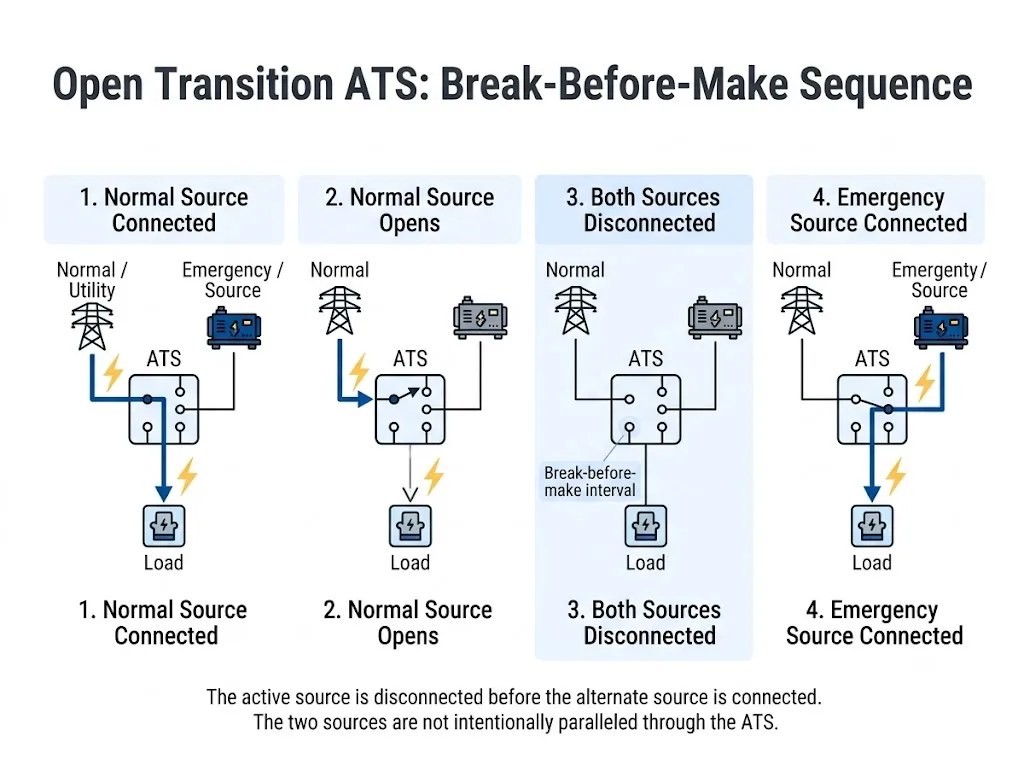 Open transition ATS break-before-make switching sequence between normal and backup power sources