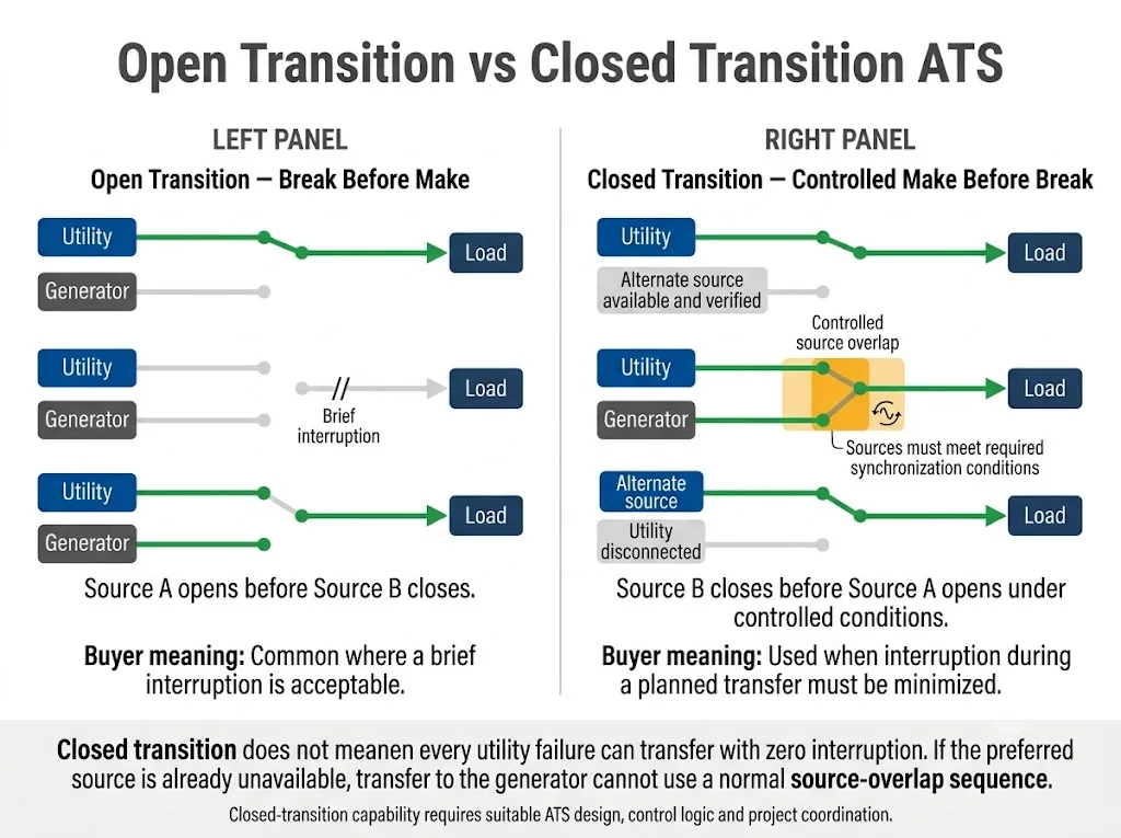 Open transition versus closed transition automatic transfer switch comparison showing break-before-make and controlled make-before-break operation