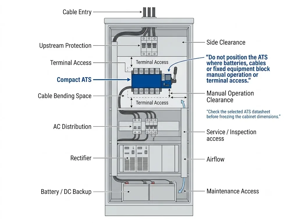 Outdoor telecom cabinet ATS installation layout showing clearance cable space and maintenance access