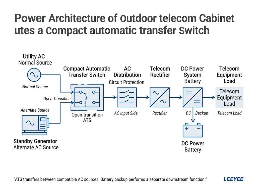 Outdoor telecom cabinet ATS power architecture with utility and generator sources