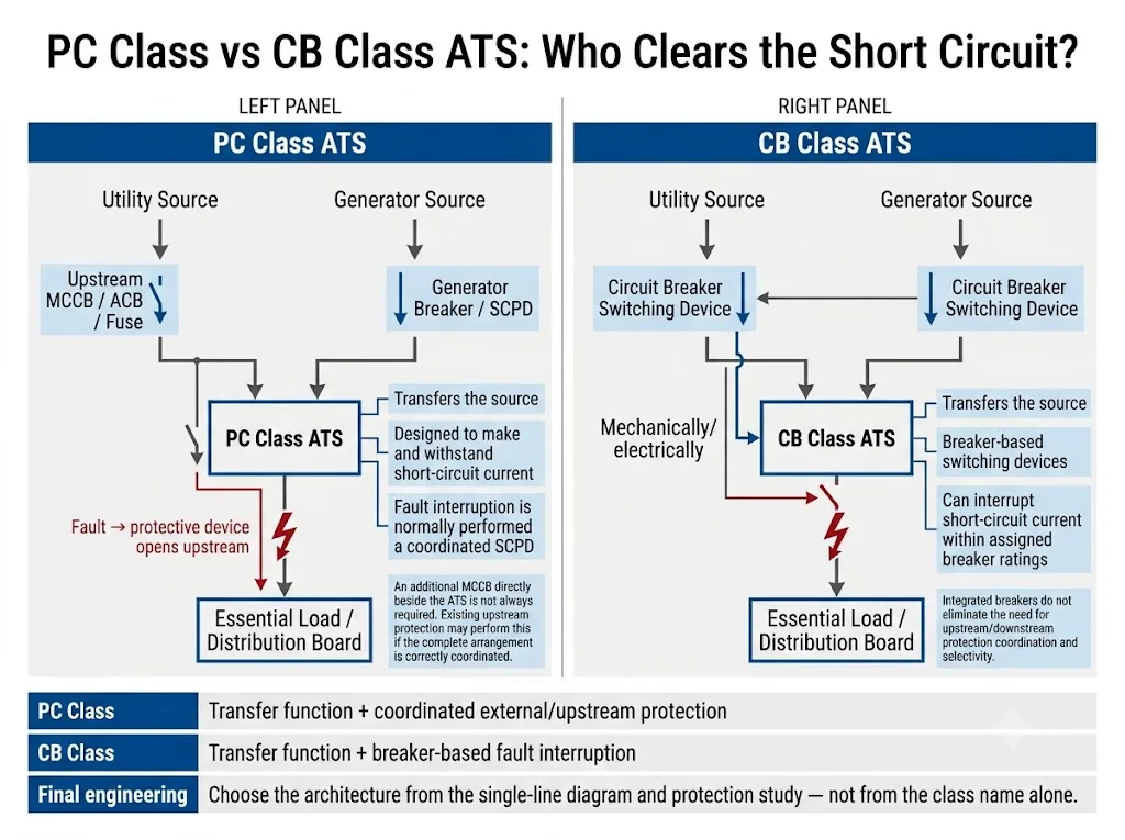 PC Class vs CB Class ATS protection architecture showing external short-circuit protection and breaker-based fault interruption
