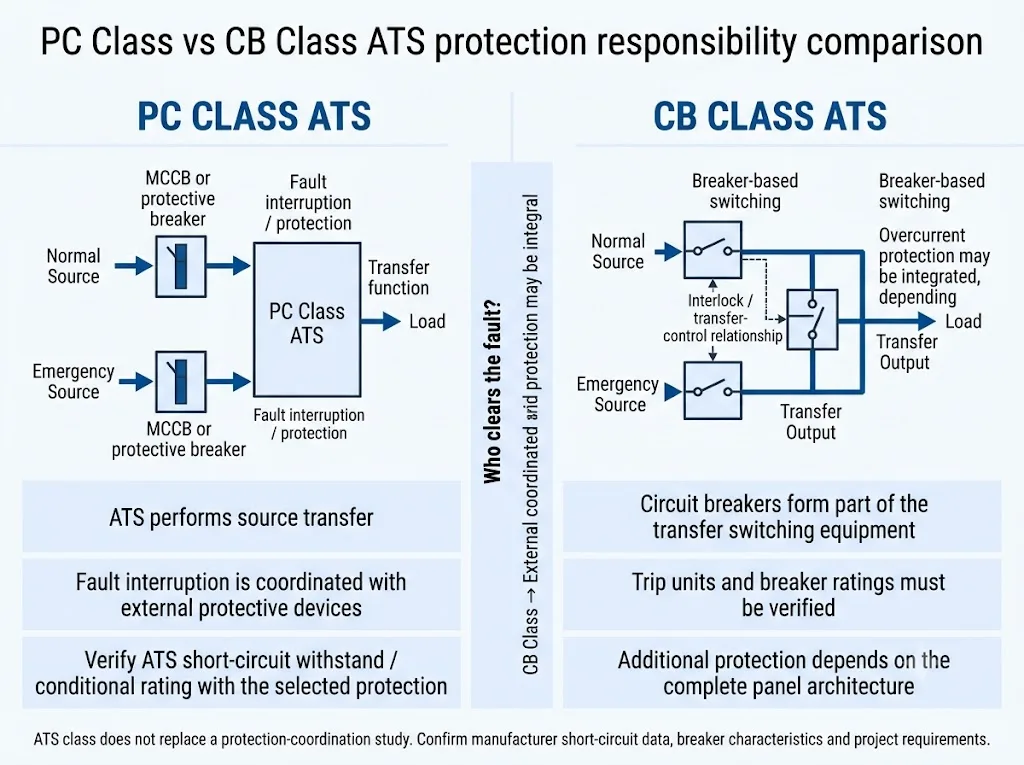 PC Class and CB Class ATS comparison showing different fault protection responsibilities