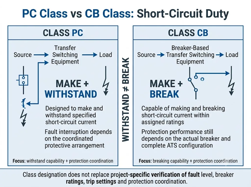 PC Class versus CB Class ATS comparison showing short-circuit withstand and short-circuit breaking responsibilities