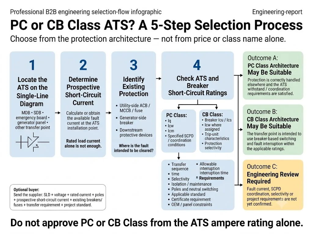 Five-step engineering selection flow for choosing between PC Class and CB Class ATS