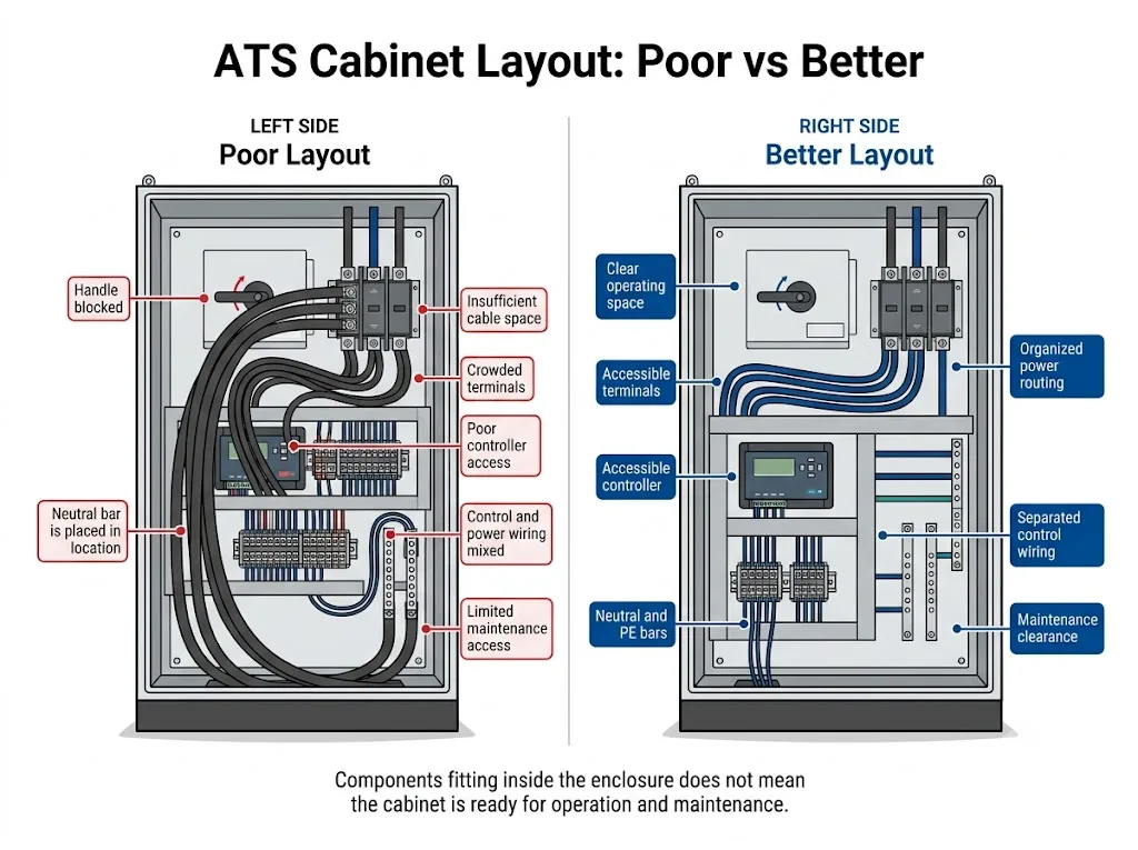 Poor and better compact ATS cabinet layouts comparing cable routing, manual operating access, terminals, and maintenance space