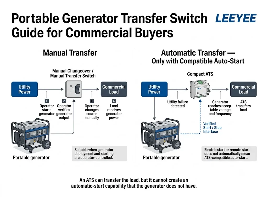 Commercial portable generator transfer system comparing manual transfer with automatic transfer using a compatible generator start interface