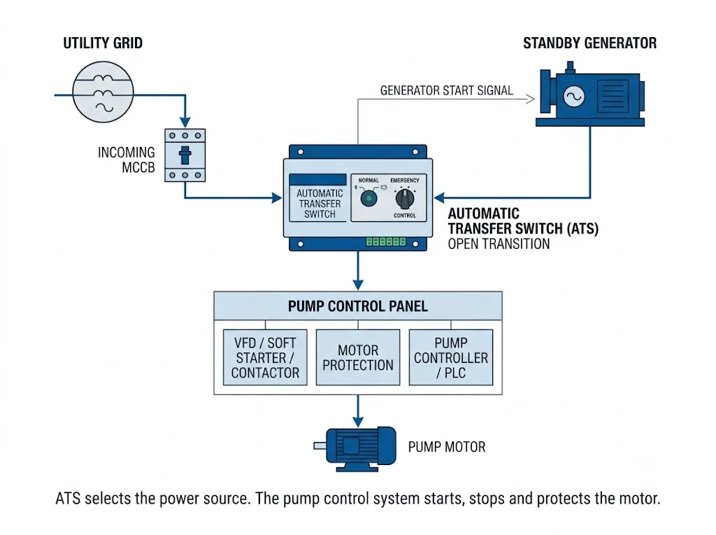 Pump station automatic transfer switch power architecture from utility and generator to pump control panel and motor