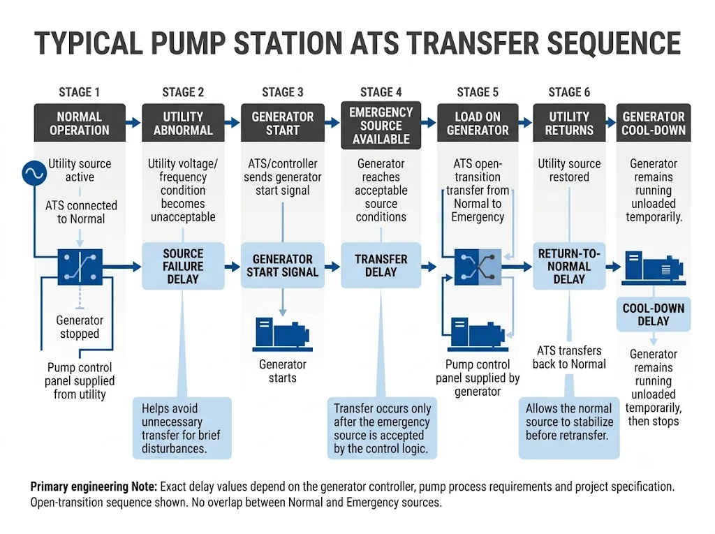 Pump station ATS transfer delay sequence from utility failure to generator supply and return to normal power