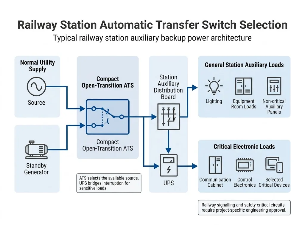 Railway station auxiliary power architecture with normal supply, generator, ATS, distribution board, UPS and station loads
