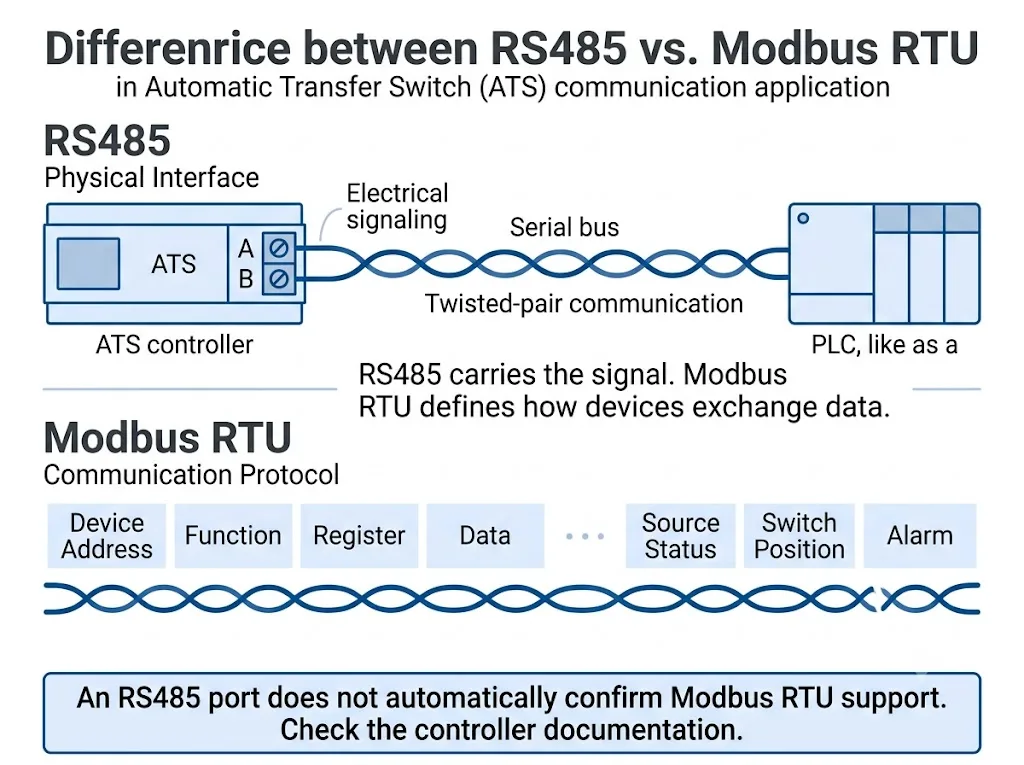 Diagram explaining the difference between RS485 physical interface and Modbus RTU protocol in automatic transfer switch communication