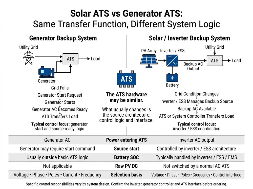 Solar ATS vs generator ATS comparison showing similar AC transfer function but different system and control logic