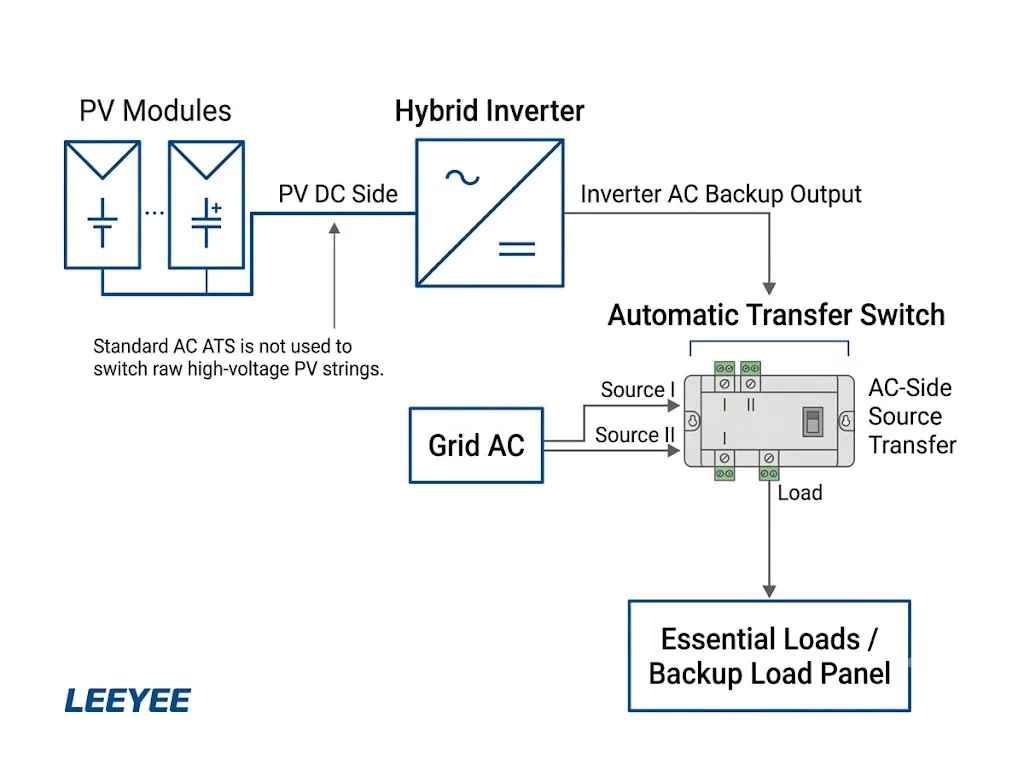 Solar PV backup system AC-side ATS architecture with grid, inverter, ATS and essential loads