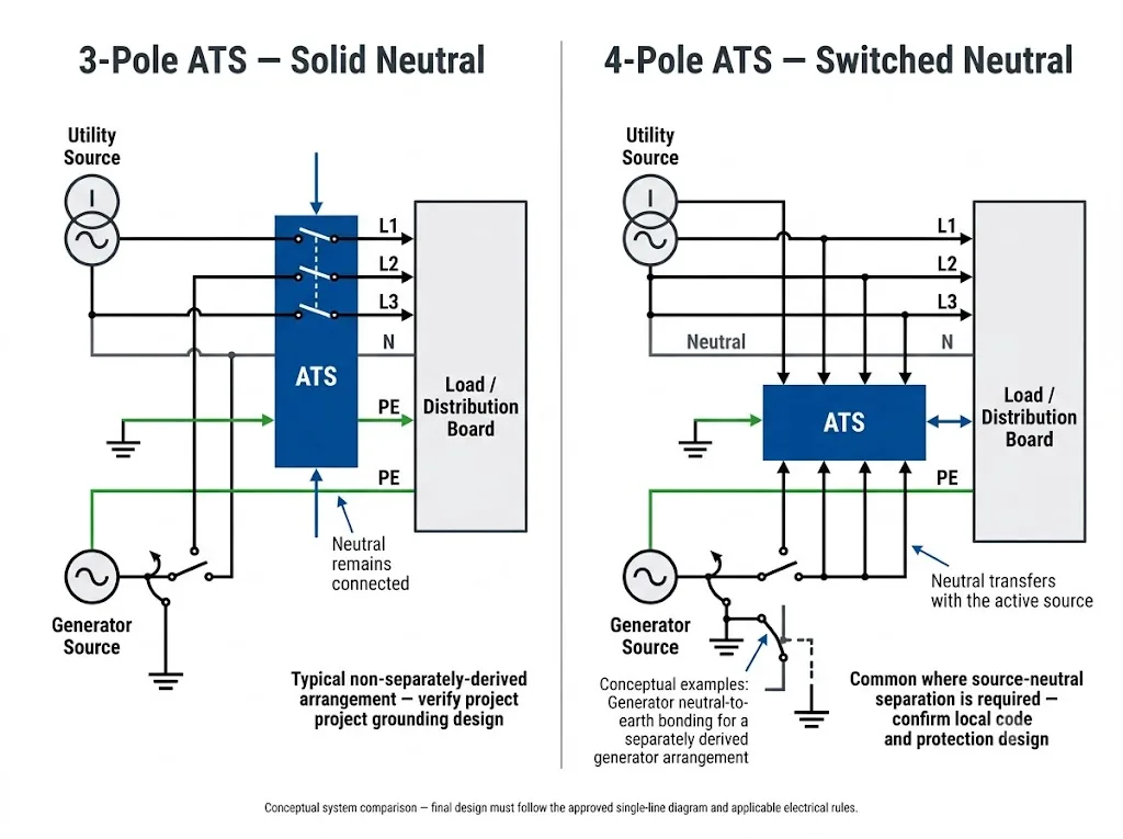 Comparison of 3-pole solid neutral ATS and 4-pole switched neutral ATS for utility and generator systems