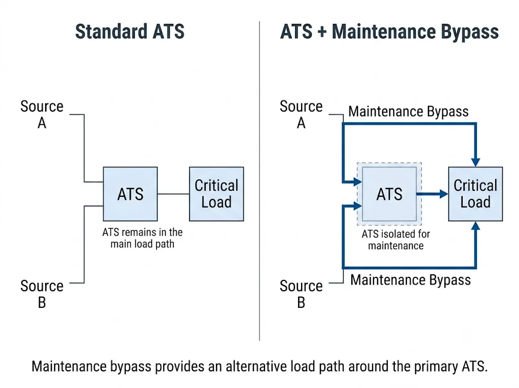 Standard ATS compared with an ATS system using a maintenance bypass for critical loads
