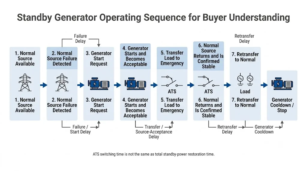 Standby generator ATS control sequence from utility failure to generator transfer and retransfer