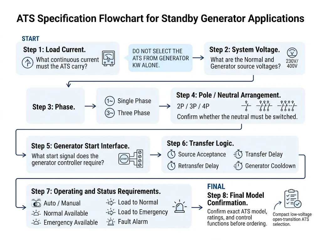 Standby generator ATS selection flow for current voltage phase poles start signal and time delays