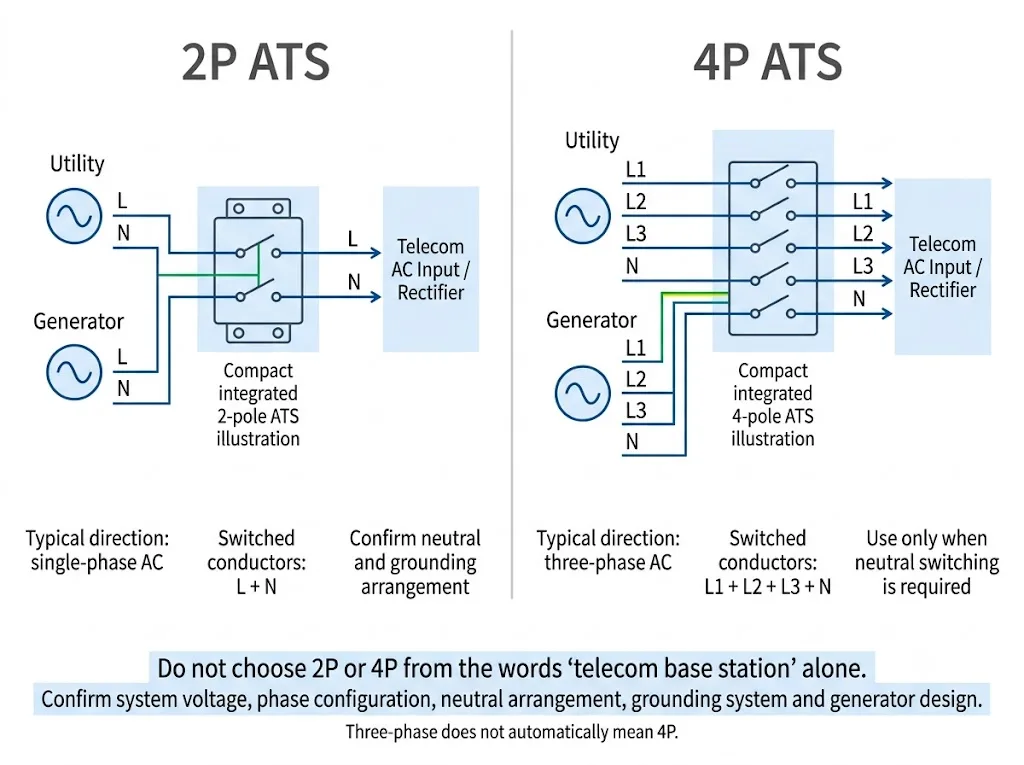 2P and 4P automatic transfer switch selection guide for single-phase and three-phase telecom AC systems