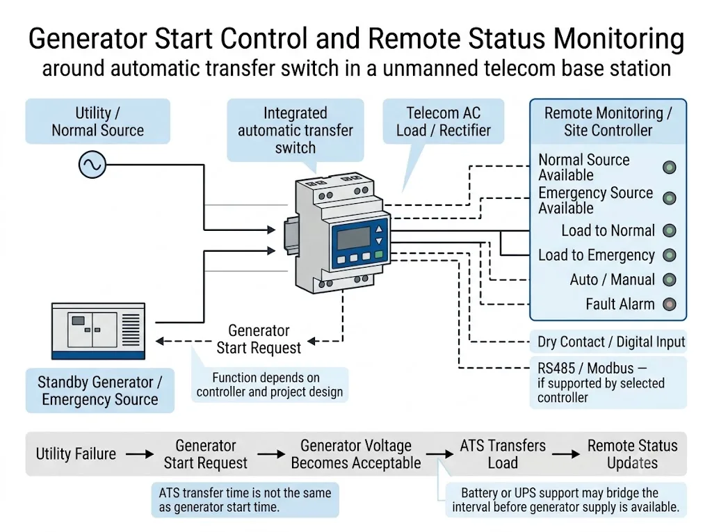 Telecom ATS generator start signal and remote status monitoring diagram for unmanned base stations