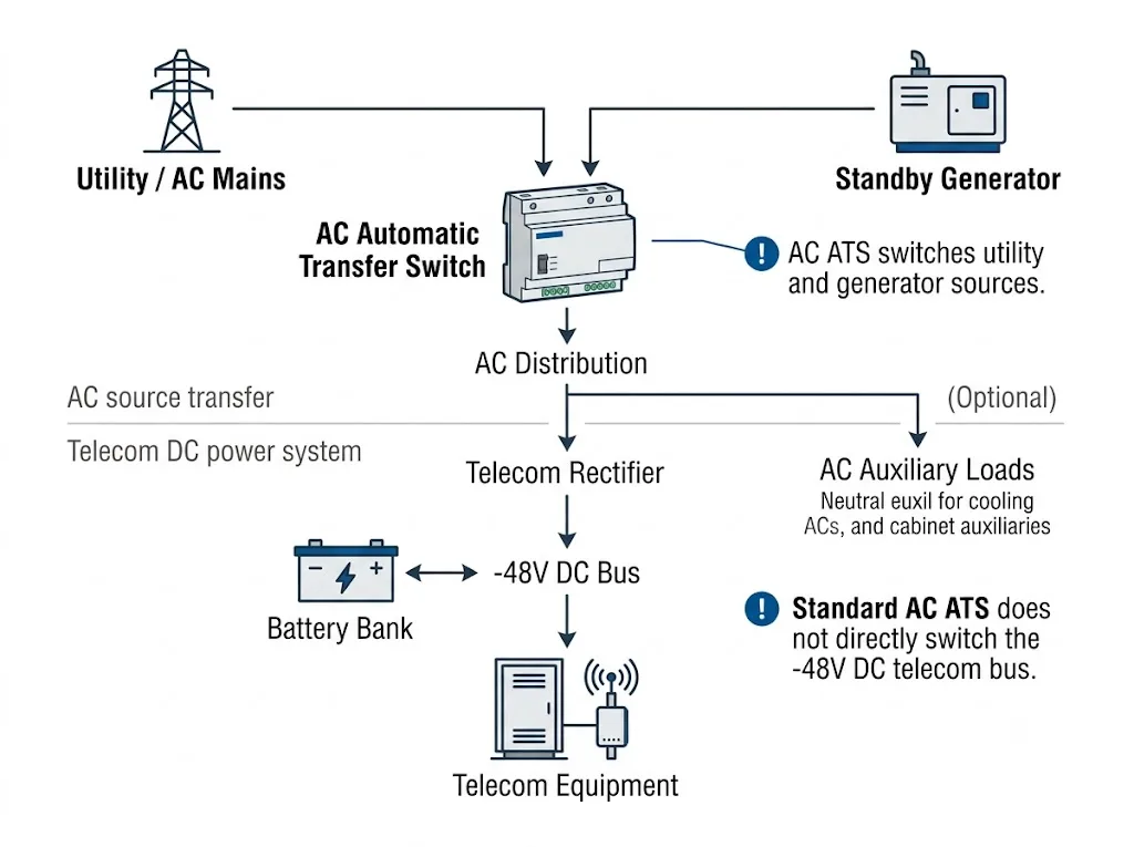 Telecom base station AC ATS power architecture with utility, generator, rectifier, battery and 48V DC telecom load