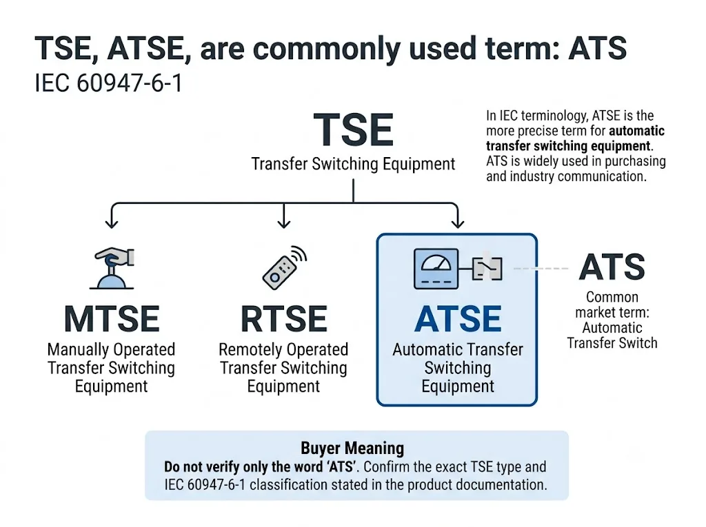 Lien entre les termes TSE, ATSE et ATS selon la norme CEI 60947-6-1