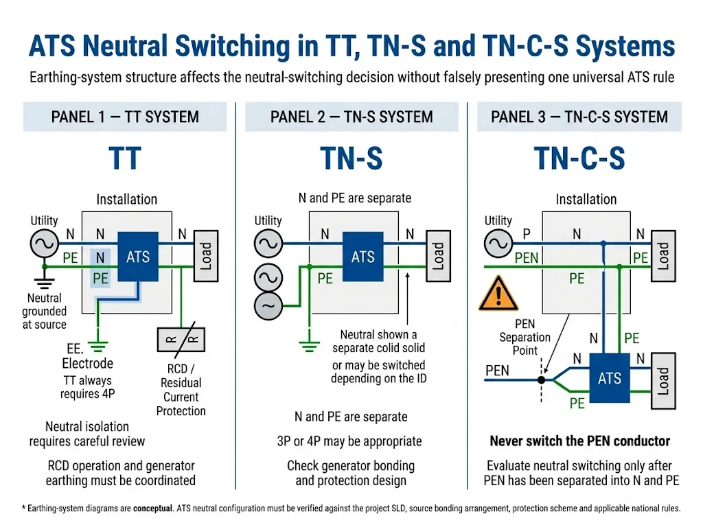 ATS neutral switching comparison for TT, TN-S and TN-C-S earthing systems