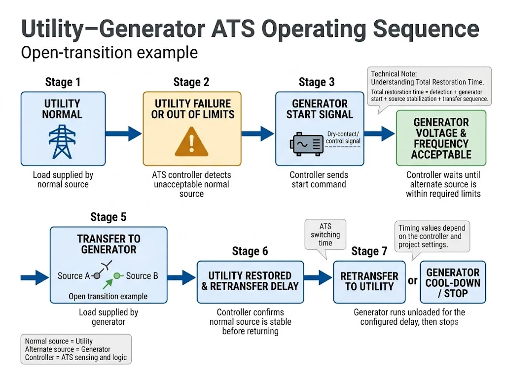 Utility generator automatic transfer switch operating sequence from mains failure to generator cooldown