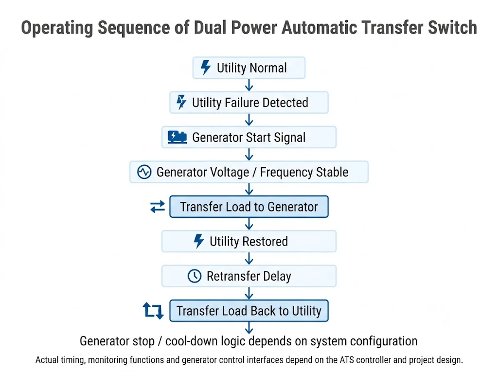 Automatic transfer switch sequence from utility failure to generator transfer and retransfer