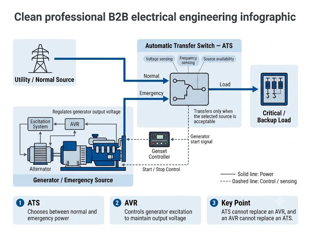 ATS and AVR roles in a generator backup power system