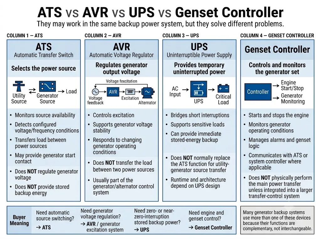 Comparison of ATS AVR UPS and genset controller functions in backup power systems