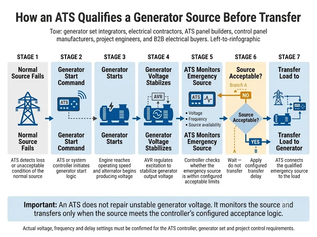 ATS generator voltage and frequency source qualification sequence before transfer