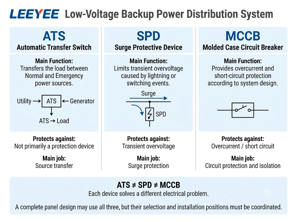 Comparison of ATS SPD and MCCB functions in a backup power distribution system