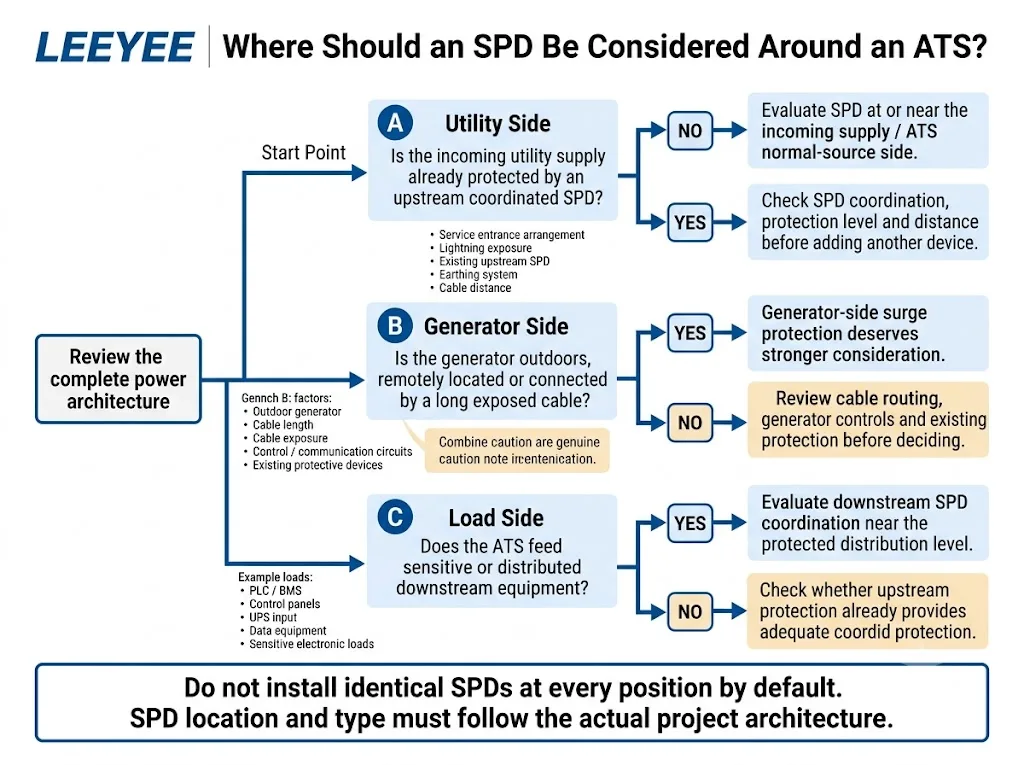 Decision flow for choosing SPD installation positions around an automatic transfer switch
