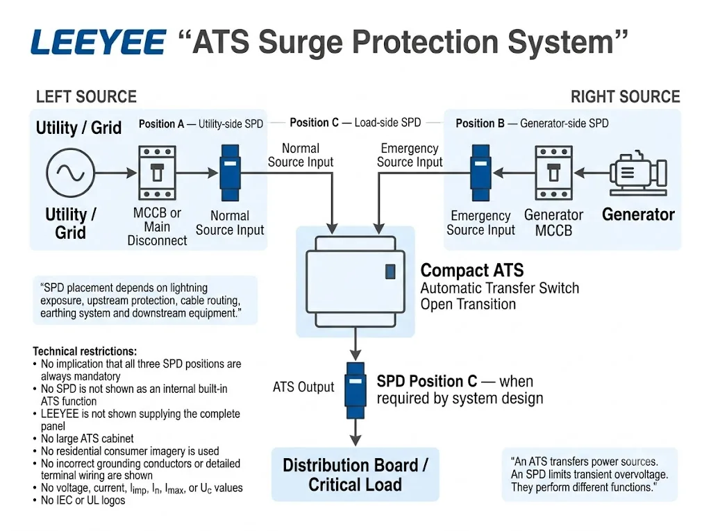 ATS surge protection system diagram showing SPD positions on utility, generator and load sides