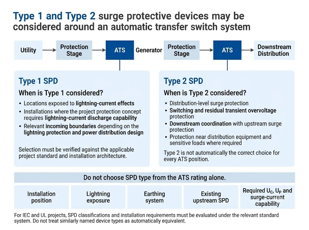 Type 1 and Type 2 SPD selection overview for ATS utility generator and load-side applications