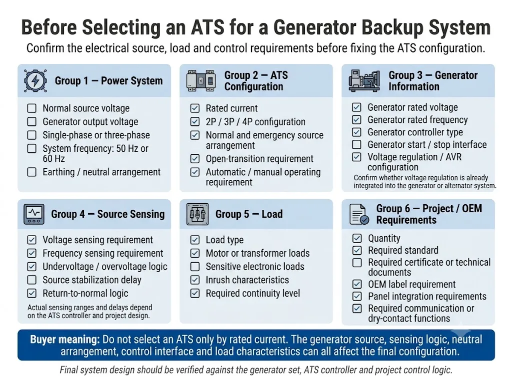 Generator ATS selection information checklist for backup power projects