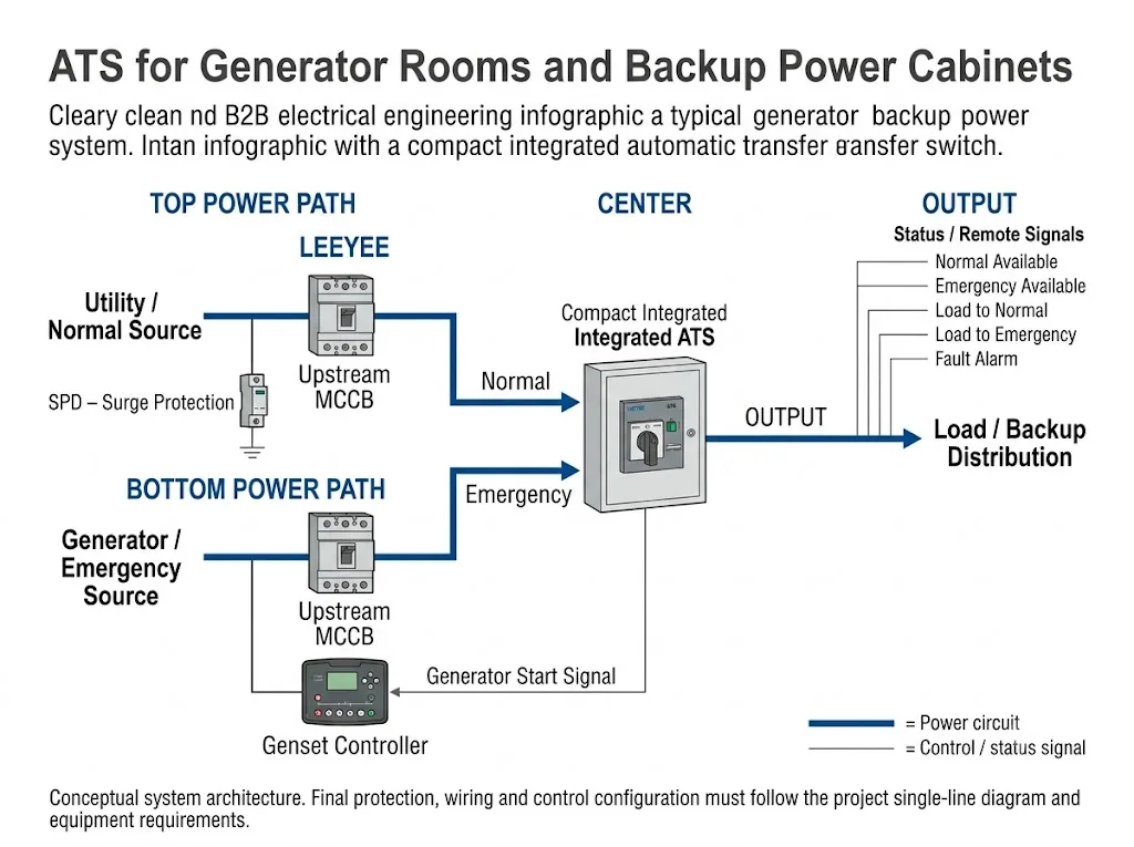 Generator room backup power system diagram showing utility, generator, MCCBs, compact ATS, SPD, controller, and load